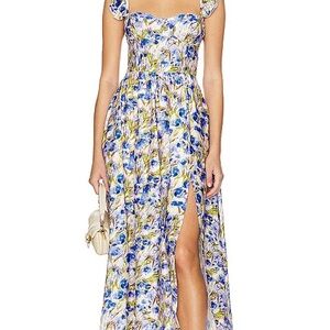 Floral Blue Midi Dress with Side Slit